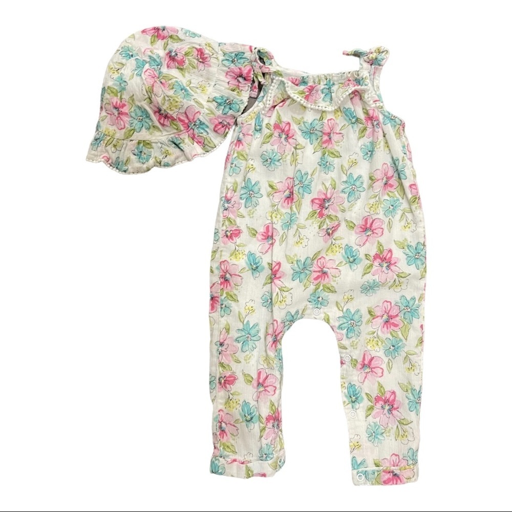Little Me Cottage Core Clothing Flowered Girl Baby one Piece With Hat SZ 9M